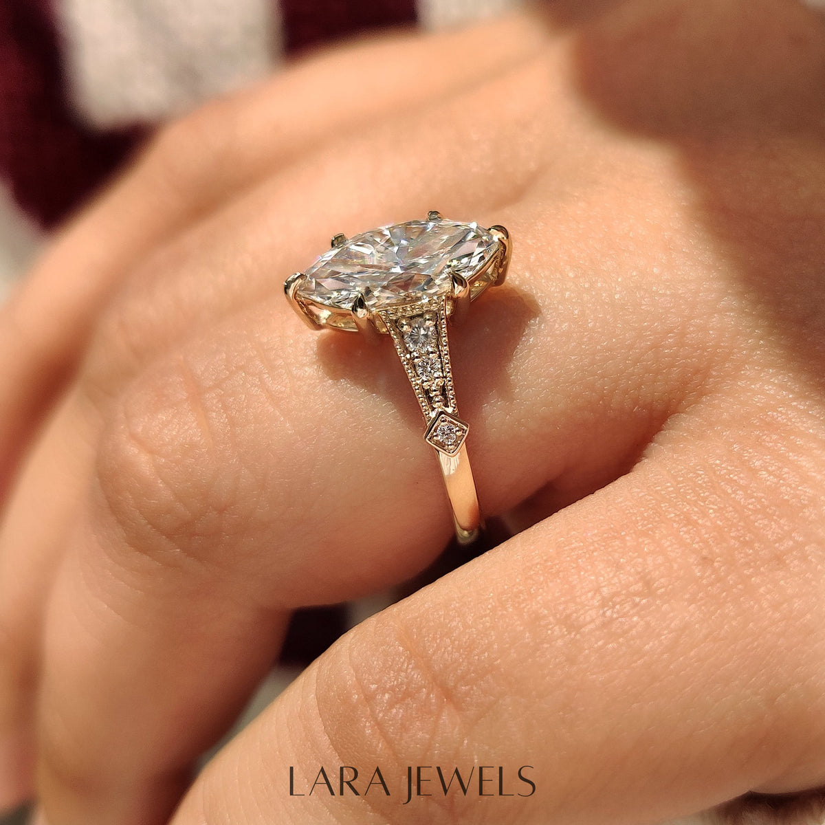 Lab grown marquise engagement ring in Milgrain Details, available in Silver. IGI certified, ethically sourced, handcrafted at Lara Jewels.