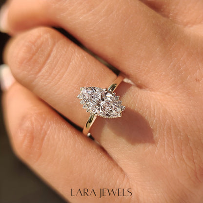 Lab grown marquise engagement ring in Milgrain Details, available in Silver. IGI certified, ethically sourced, handcrafted at Lara Jewels.