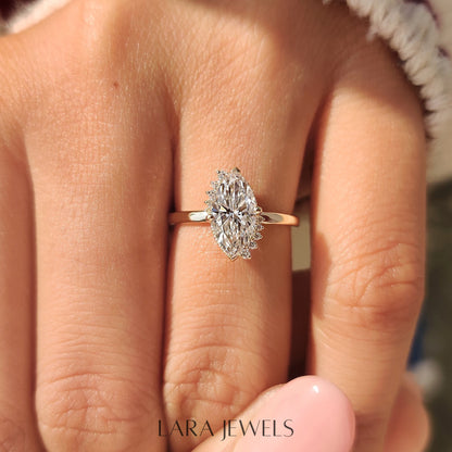 Lab grown marquise engagement ring in Milgrain Details, available in Silver. IGI certified, ethically sourced, handcrafted at Lara Jewels.