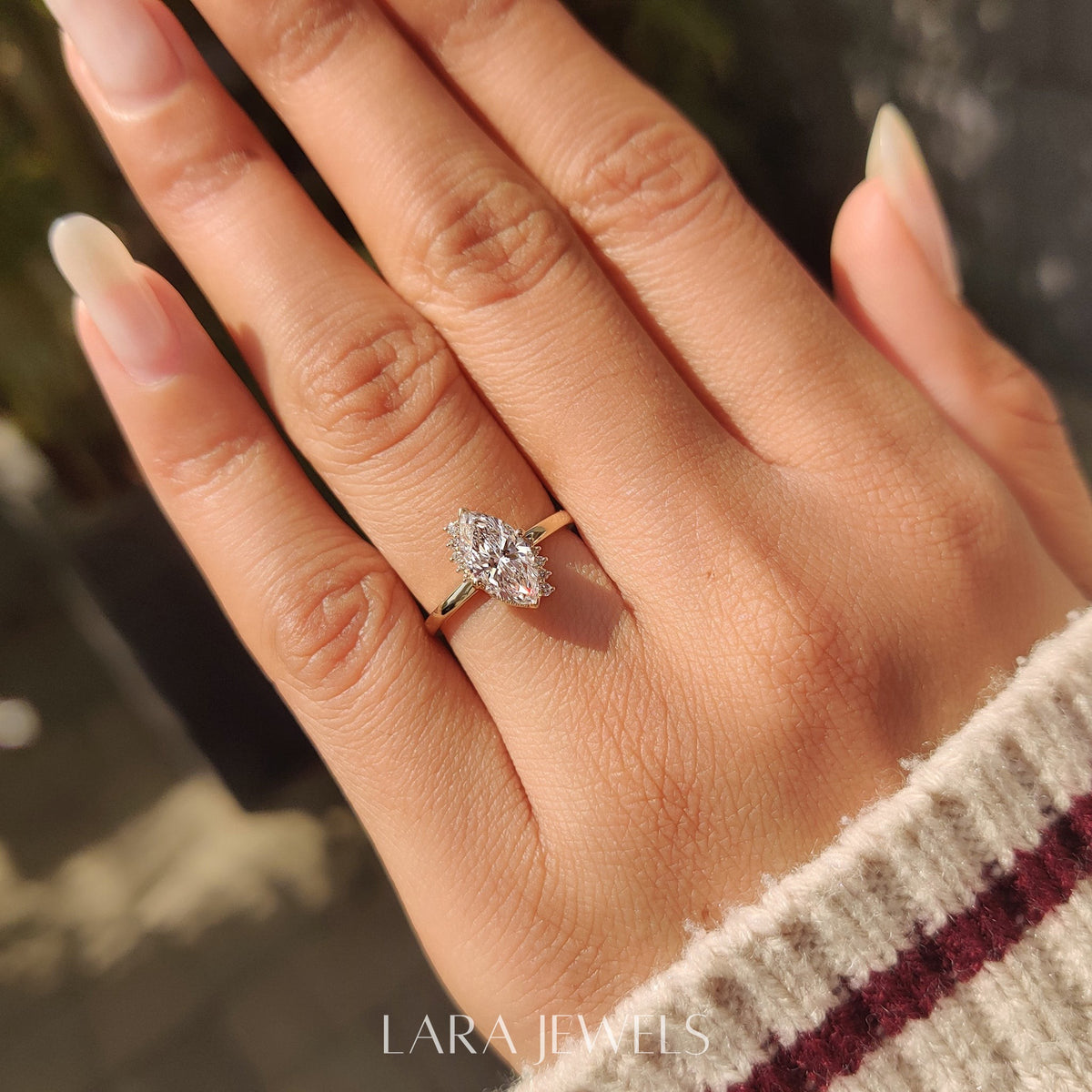 Lab grown marquise engagement ring in Milgrain Details, available in Silver. IGI certified, ethically sourced, handcrafted at Lara Jewels.