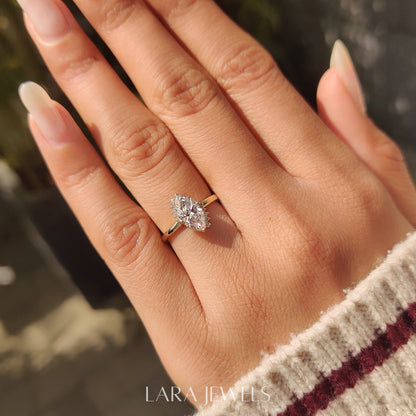 Lab grown marquise engagement ring in Milgrain Details, available in Silver. IGI certified, ethically sourced, handcrafted at Lara Jewels.