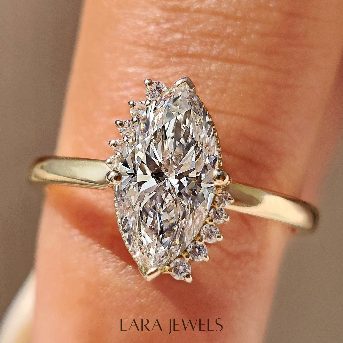 Lab grown marquise engagement ring in Milgrain Details, available in Silver. IGI certified, ethically sourced, handcrafted at Lara Jewels.