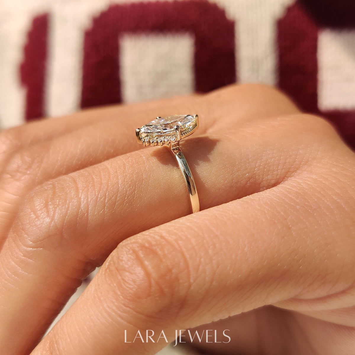 Lab grown marquise engagement ring in Milgrain Details, available in Silver. IGI certified, ethically sourced, handcrafted at Lara Jewels.