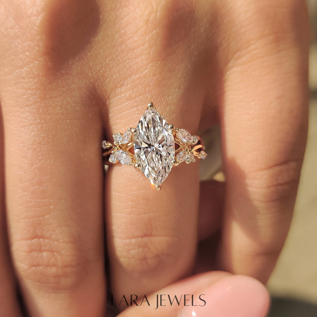Lab grown marquise engagement ring in Tulip Setting, available in Silver. IGI certified, ethically sourced, handcrafted at Lara Jewels.