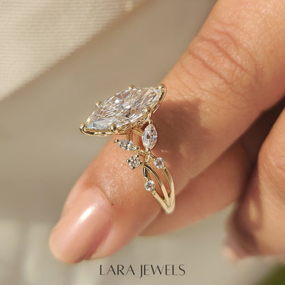 Lab grown marquise engagement ring in Tulip Setting, available in Silver. IGI certified, ethically sourced, handcrafted at Lara Jewels.