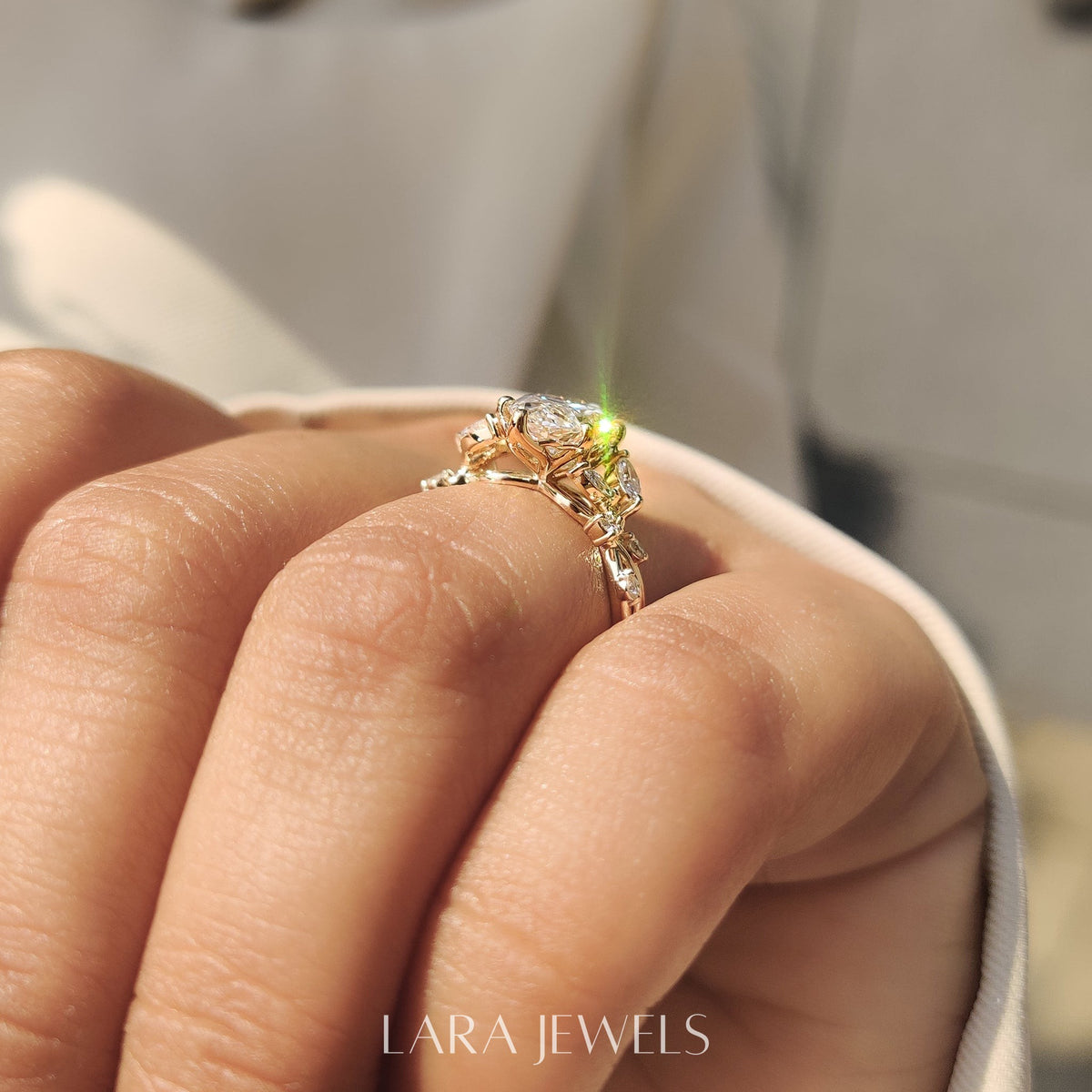 Lab grown marquise engagement ring in Tulip Setting, available in Silver. IGI certified, ethically sourced, handcrafted at Lara Jewels.