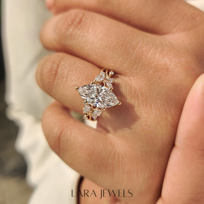Lab grown marquise engagement ring in Tulip Setting, available in Silver. IGI certified, ethically sourced, handcrafted at Lara Jewels.