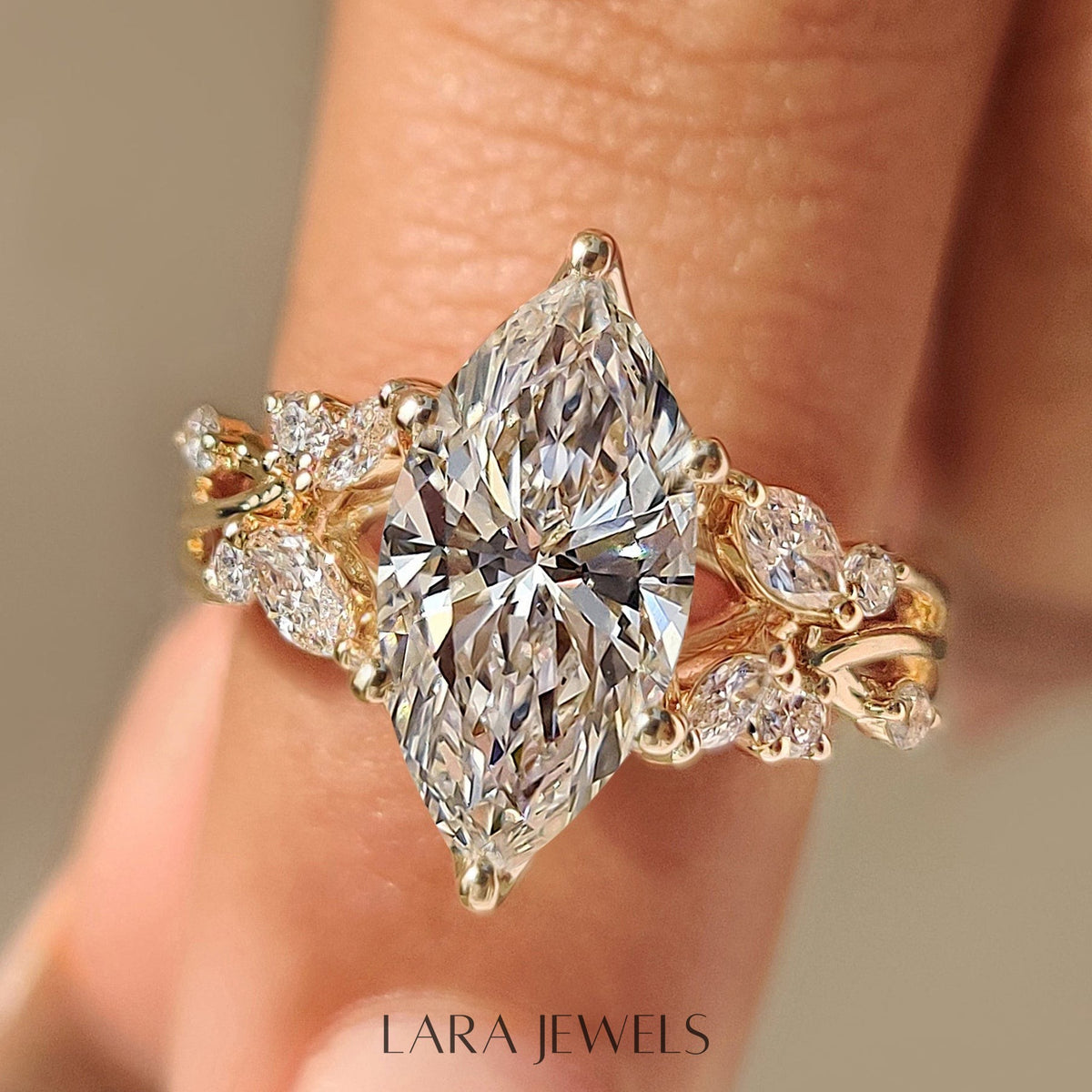 Lab grown marquise engagement ring in Tulip Setting, available in Silver. IGI certified, ethically sourced, handcrafted at Lara Jewels.