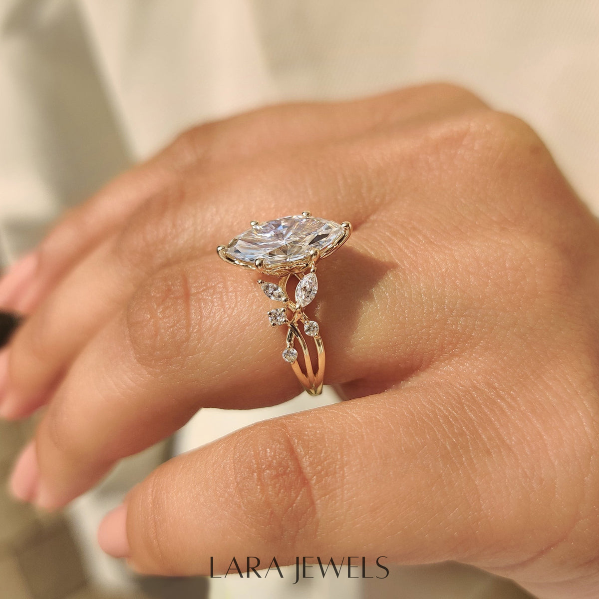 Lab grown marquise engagement ring in Tulip Setting, available in Silver. IGI certified, ethically sourced, handcrafted at Lara Jewels.