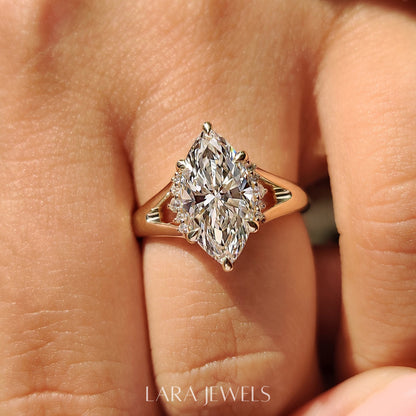 Lab grown marquise engagement ring in Hidden Flower Pink Ruby, available in Silver. IGI certified, ethically sourced, handcrafted at Lara Jewels.