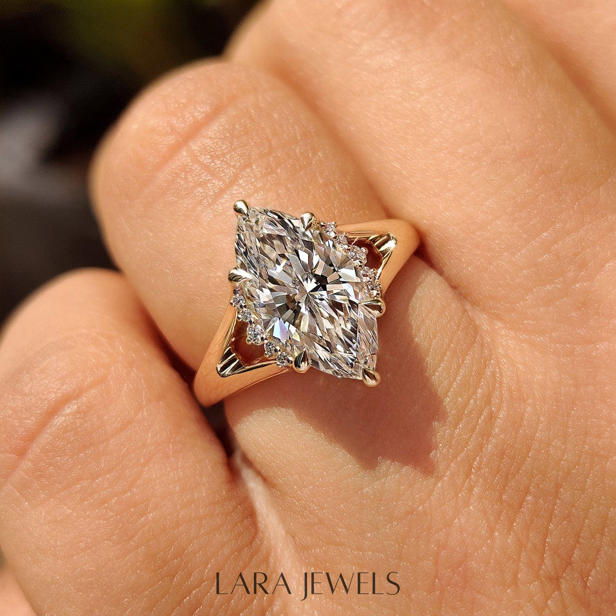 Lab grown marquise engagement ring in Hidden Flower Pink Ruby, available in Silver. IGI certified, ethically sourced, handcrafted at Lara Jewels.