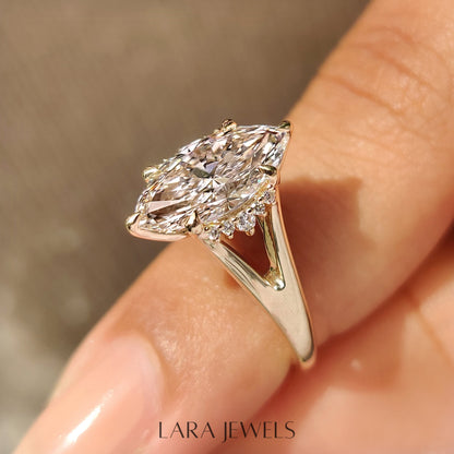 Lab grown marquise engagement ring in Hidden Flower Pink Ruby, available in Silver. IGI certified, ethically sourced, handcrafted at Lara Jewels.