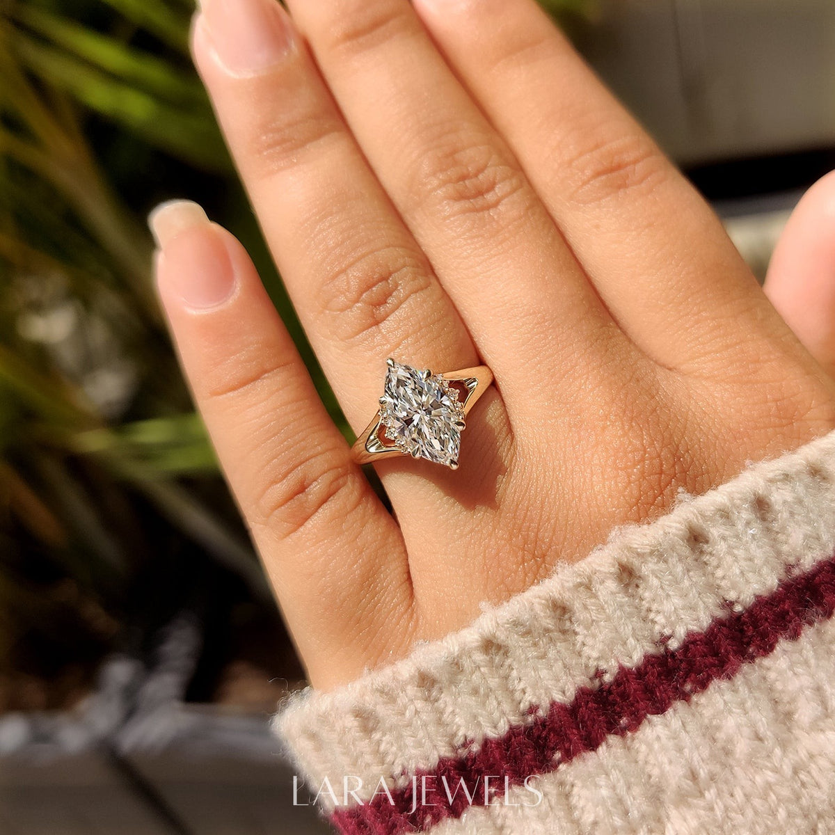 Lab grown marquise engagement ring in Hidden Flower Pink Ruby, available in Silver. IGI certified, ethically sourced, handcrafted at Lara Jewels.