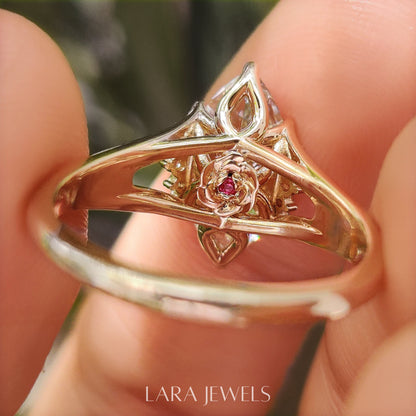 Lab grown marquise engagement ring in Hidden Flower Pink Ruby, available in Silver. IGI certified, ethically sourced, handcrafted at Lara Jewels.