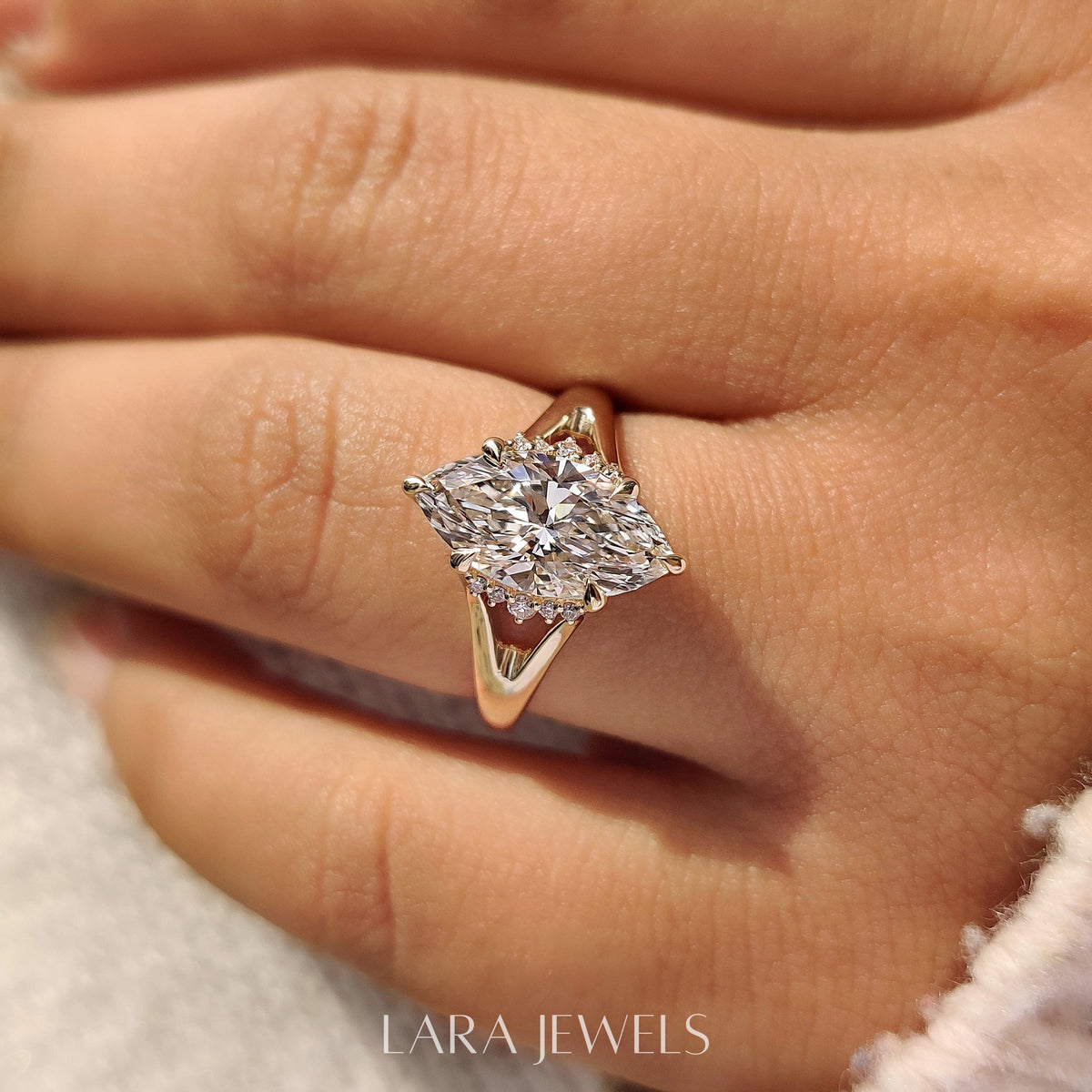 Lab grown marquise engagement ring in Hidden Flower Pink Ruby, available in Silver. IGI certified, ethically sourced, handcrafted at Lara Jewels.