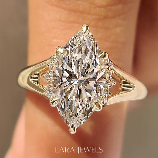 Lab grown marquise engagement ring in Hidden Flower Pink Ruby, available in Silver. IGI certified, ethically sourced, handcrafted at Lara Jewels.