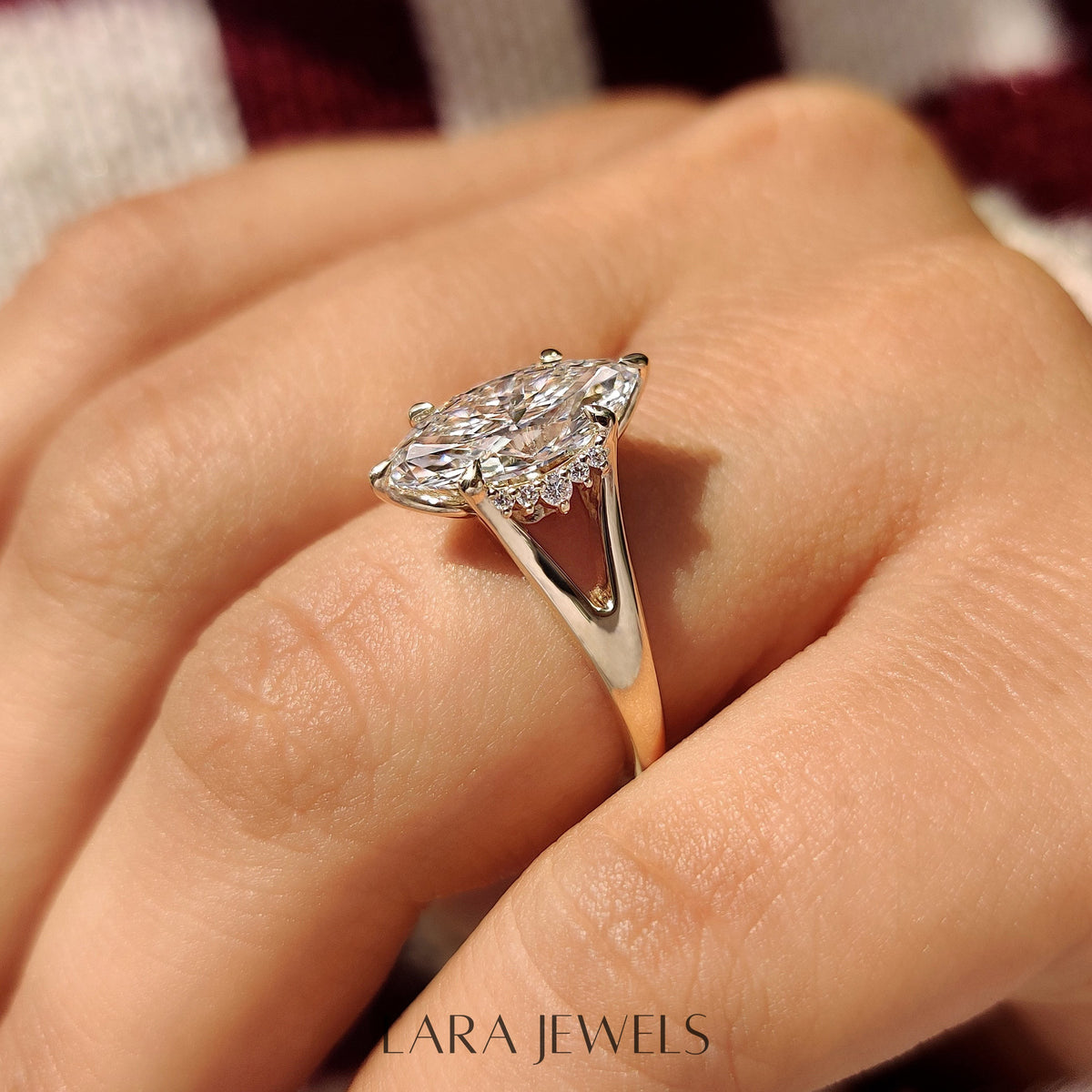 Lab grown marquise engagement ring in Hidden Flower Pink Ruby, available in Silver. IGI certified, ethically sourced, handcrafted at Lara Jewels.