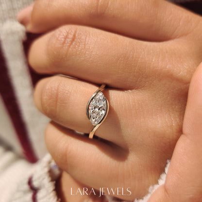 Lab grown marquise engagement ring in Bypass Setting, available in Silver. IGI certified, ethically sourced, handcrafted at Lara Jewels.