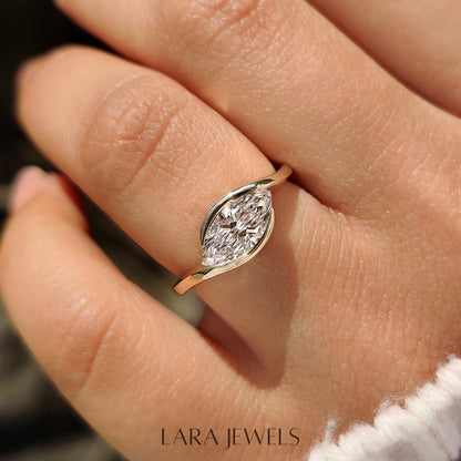 Lab grown marquise engagement ring in Bypass Setting, available in Silver. IGI certified, ethically sourced, handcrafted at Lara Jewels.