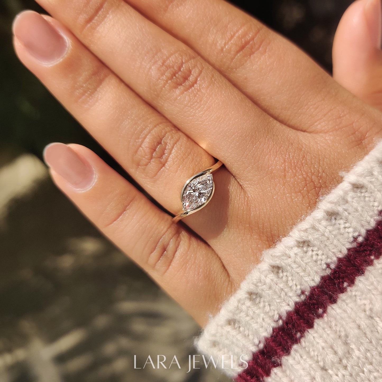 Lab grown marquise engagement ring in Bypass Setting, available in Silver. IGI certified, ethically sourced, handcrafted at Lara Jewels.