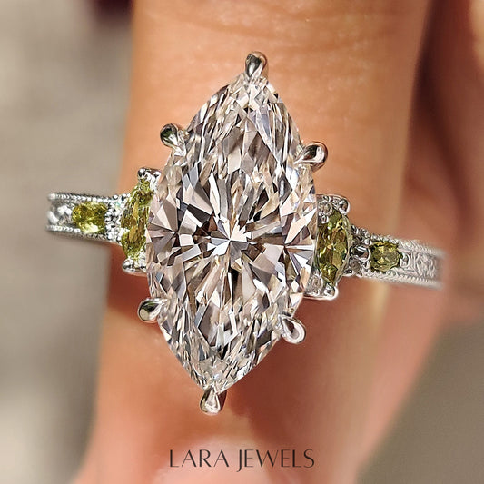 Lab grown marquise engagement ring in Vintage Art Deco style, available in Silver. IGI certified, ethically sourced, handcrafted at Lara Jewels.