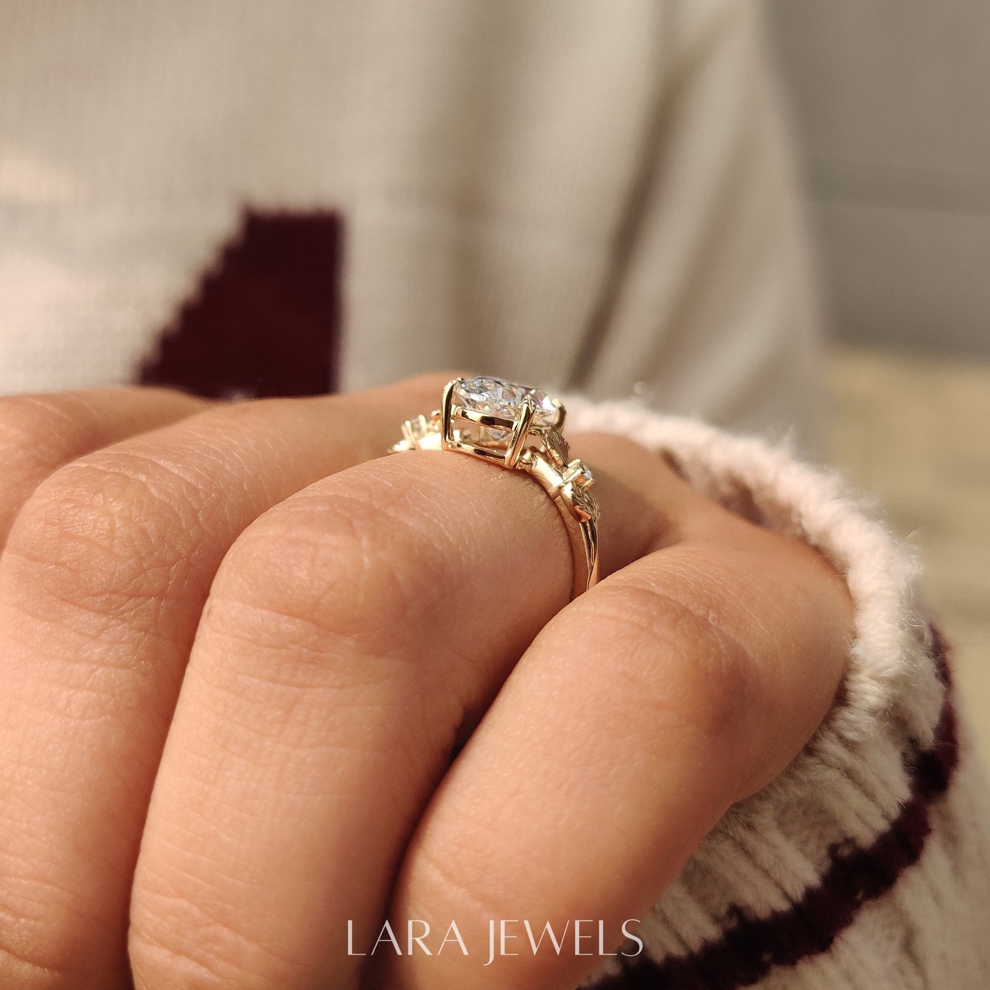 Lab grown oval engagement ring in Leaf Style Prong, available in Silver. IGI certified, ethically sourced, handcrafted at Lara Jewels.