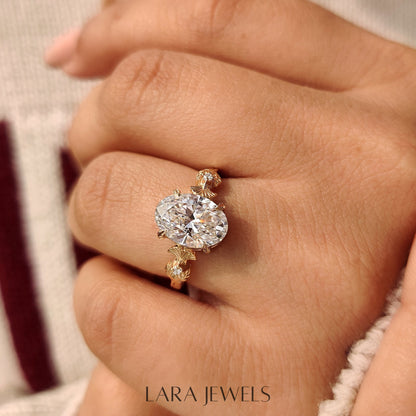 Lab grown oval engagement ring in Leaf Style Prong, available in Silver. IGI certified, ethically sourced, handcrafted at Lara Jewels.