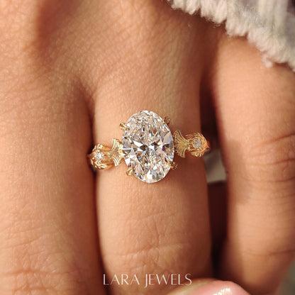 Lab grown oval engagement ring in Leaf Style Prong, available in Silver. IGI certified, ethically sourced, handcrafted at Lara Jewels.