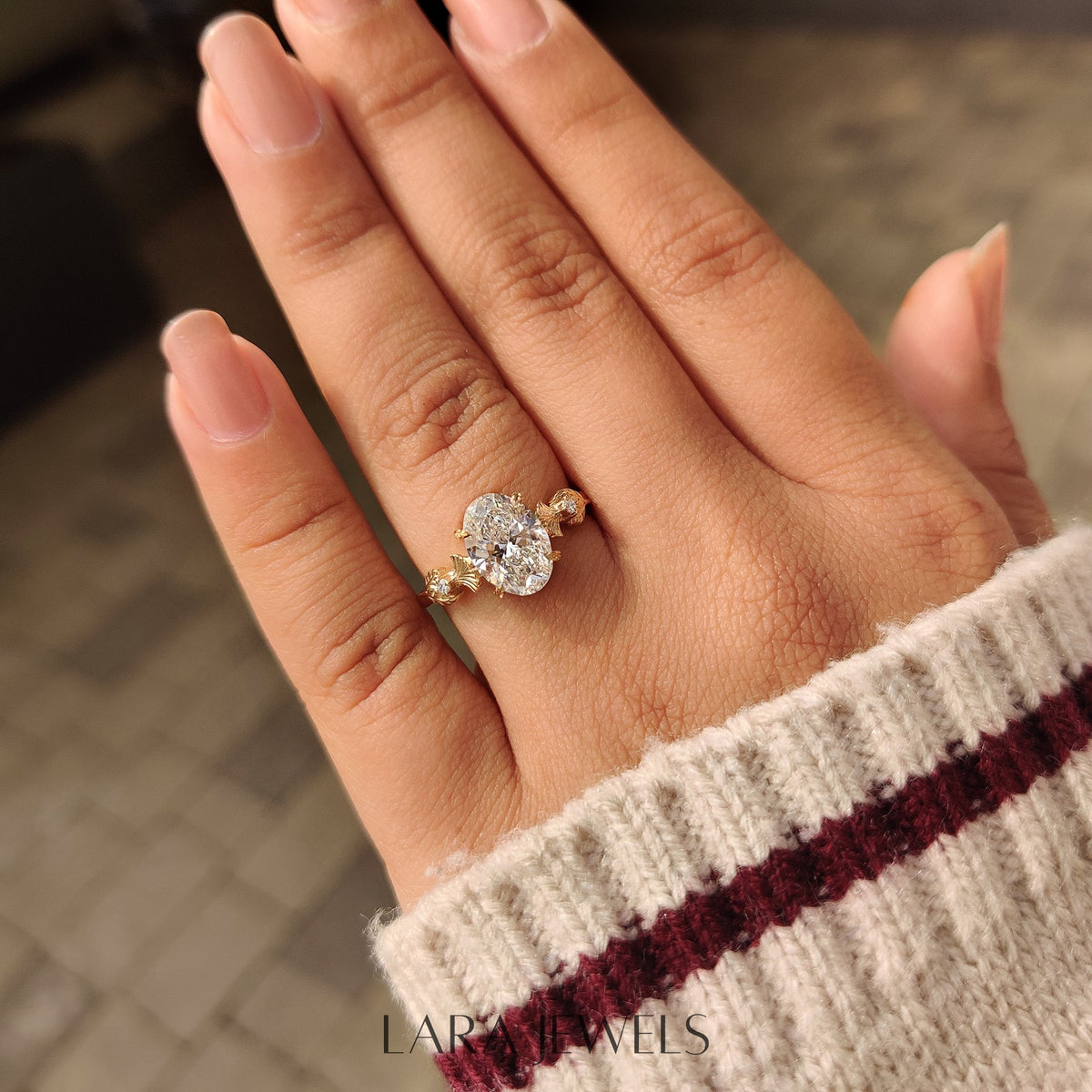 Lab grown oval engagement ring in Leaf Style Prong, available in Silver. IGI certified, ethically sourced, handcrafted at Lara Jewels.
