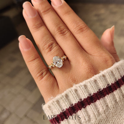 Lab grown oval engagement ring in Leaf Style Prong, available in Silver. IGI certified, ethically sourced, handcrafted at Lara Jewels.