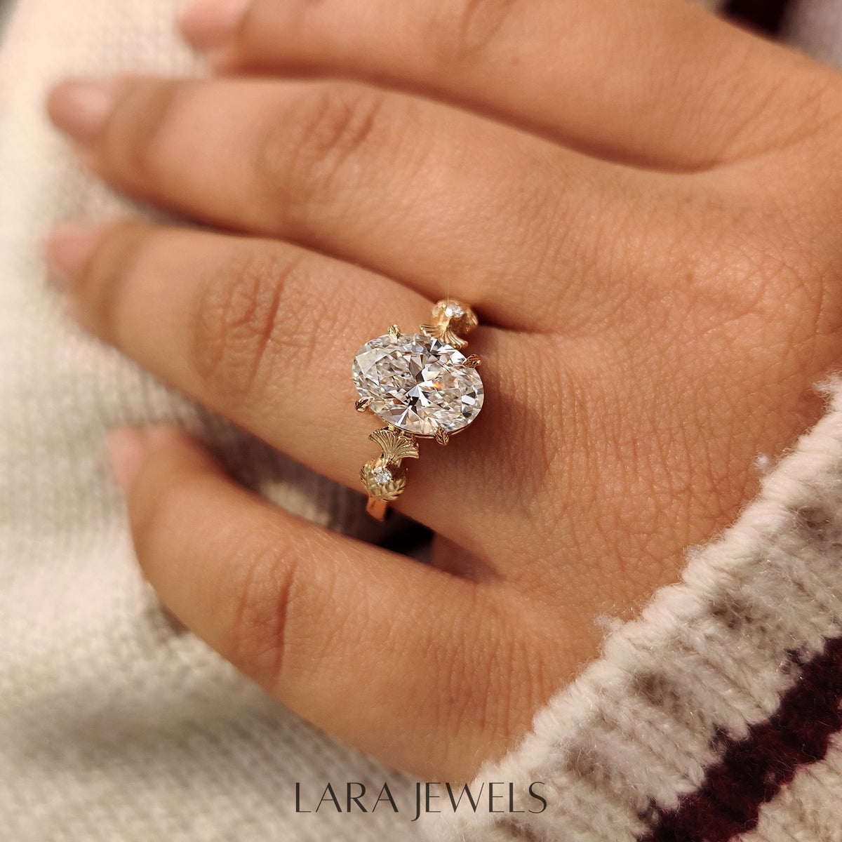 Lab grown oval engagement ring in Leaf Style Prong, available in Silver. IGI certified, ethically sourced, handcrafted at Lara Jewels.