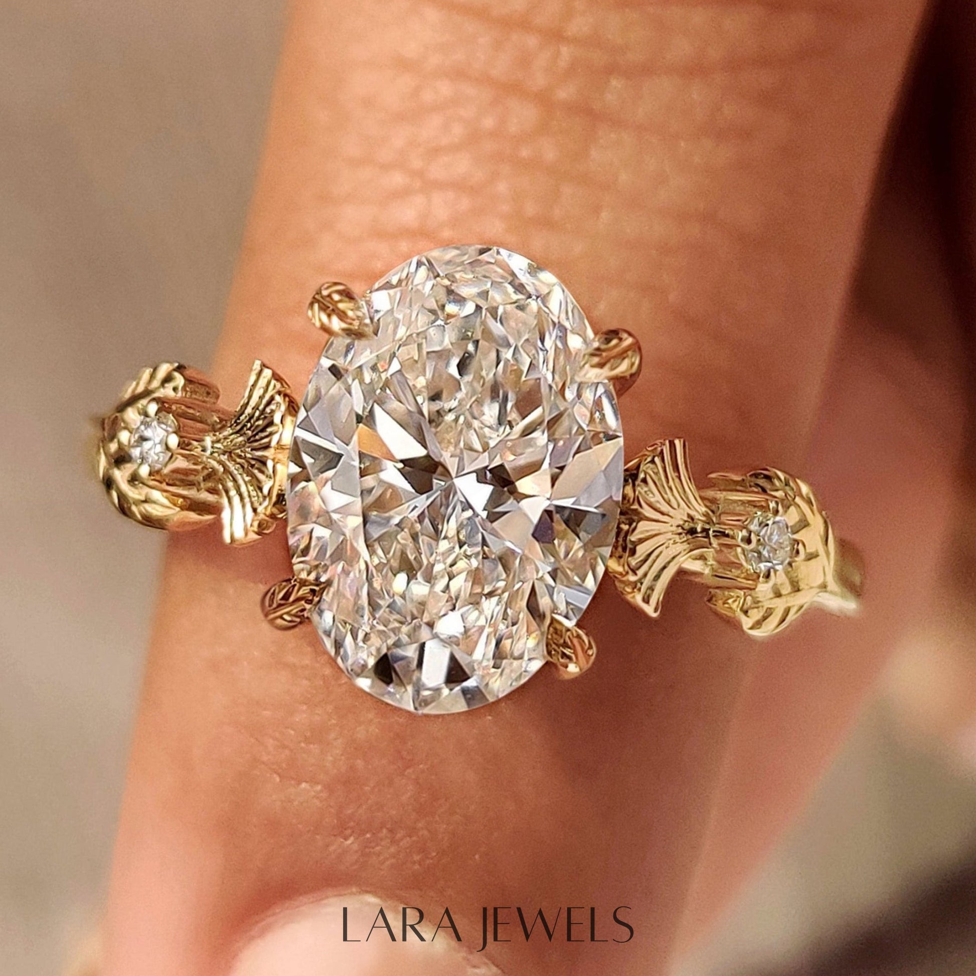Lab grown oval engagement ring in Leaf Style Prong, available in Silver. IGI certified, ethically sourced, handcrafted at Lara Jewels.