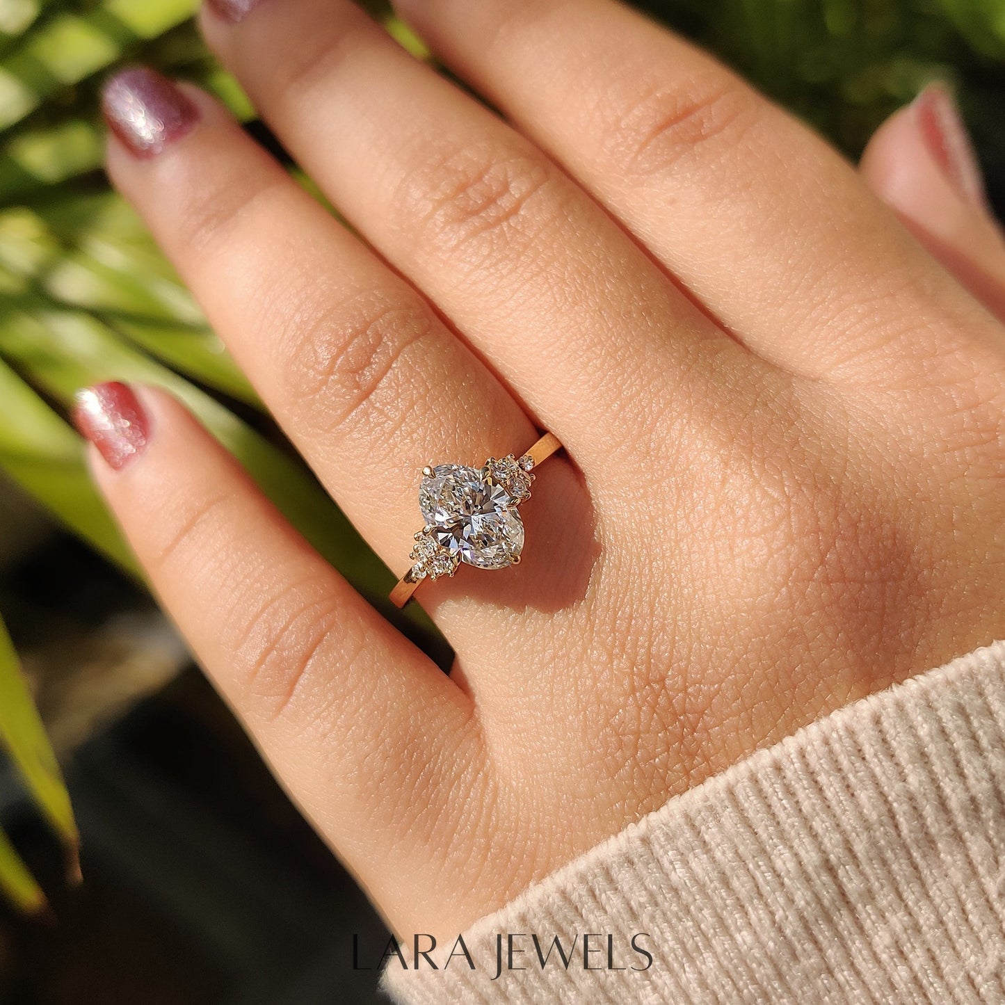 Lab grown oval engagement ring in Yellow Gold, available in Silver. IGI certified, ethically sourced, handcrafted at Lara Jewels.