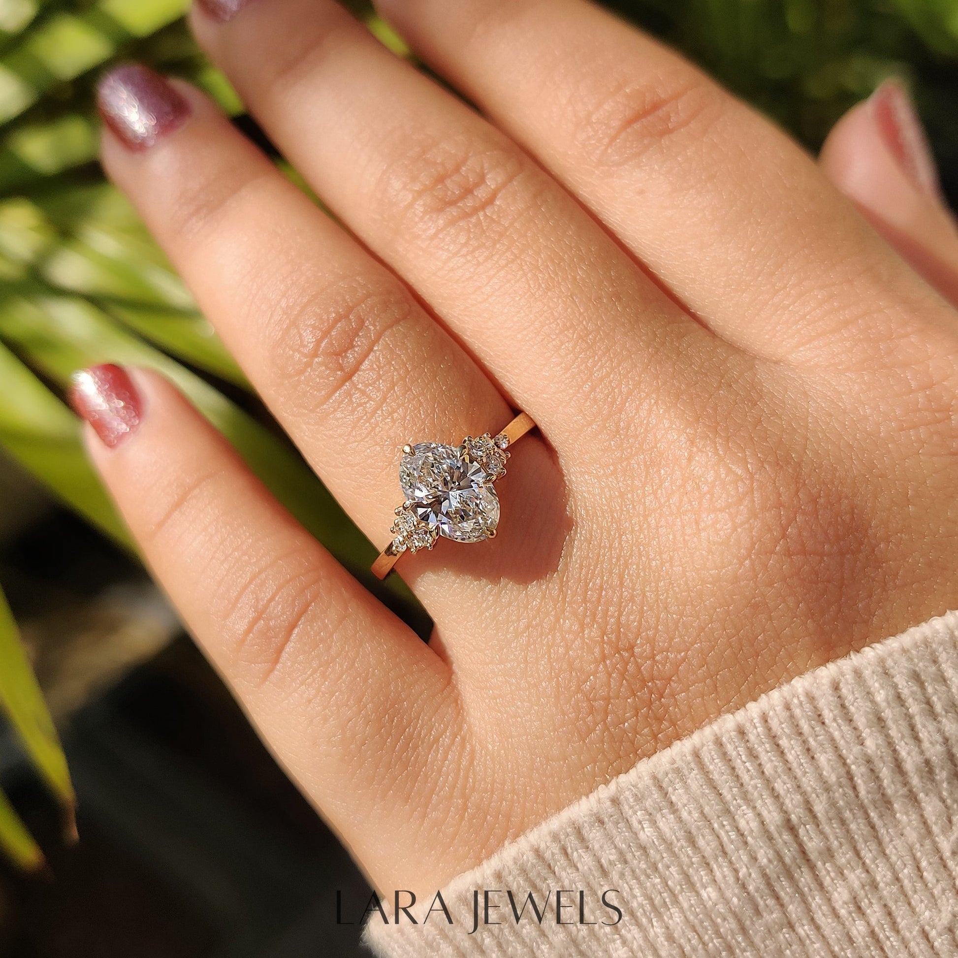 Lab grown oval engagement ring in Yellow Gold, available in Silver. IGI certified, ethically sourced, handcrafted at Lara Jewels.