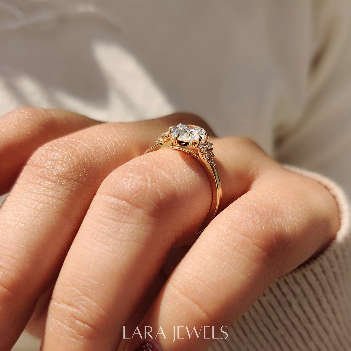 Lab grown oval engagement ring in Yellow Gold, available in Silver. IGI certified, ethically sourced, handcrafted at Lara Jewels.