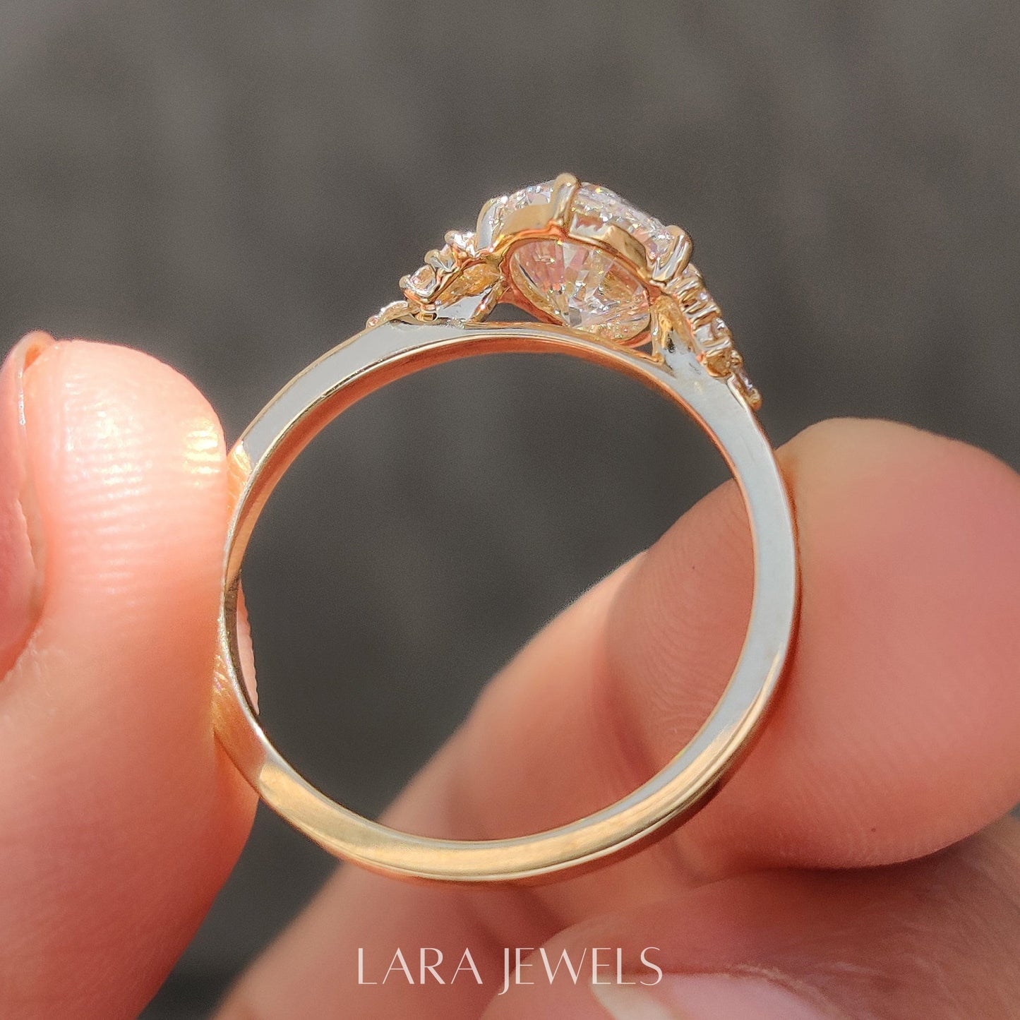 Lab grown oval engagement ring in Yellow Gold, available in Silver. IGI certified, ethically sourced, handcrafted at Lara Jewels.