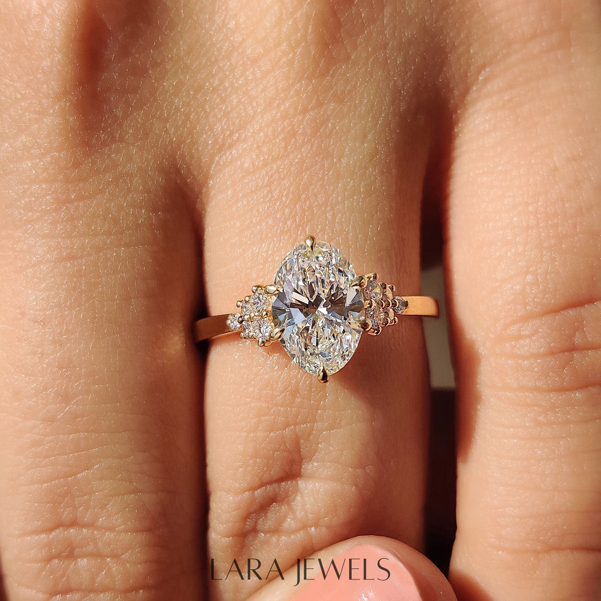 Lab grown oval engagement ring in Yellow Gold, available in Silver. IGI certified, ethically sourced, handcrafted at Lara Jewels.
