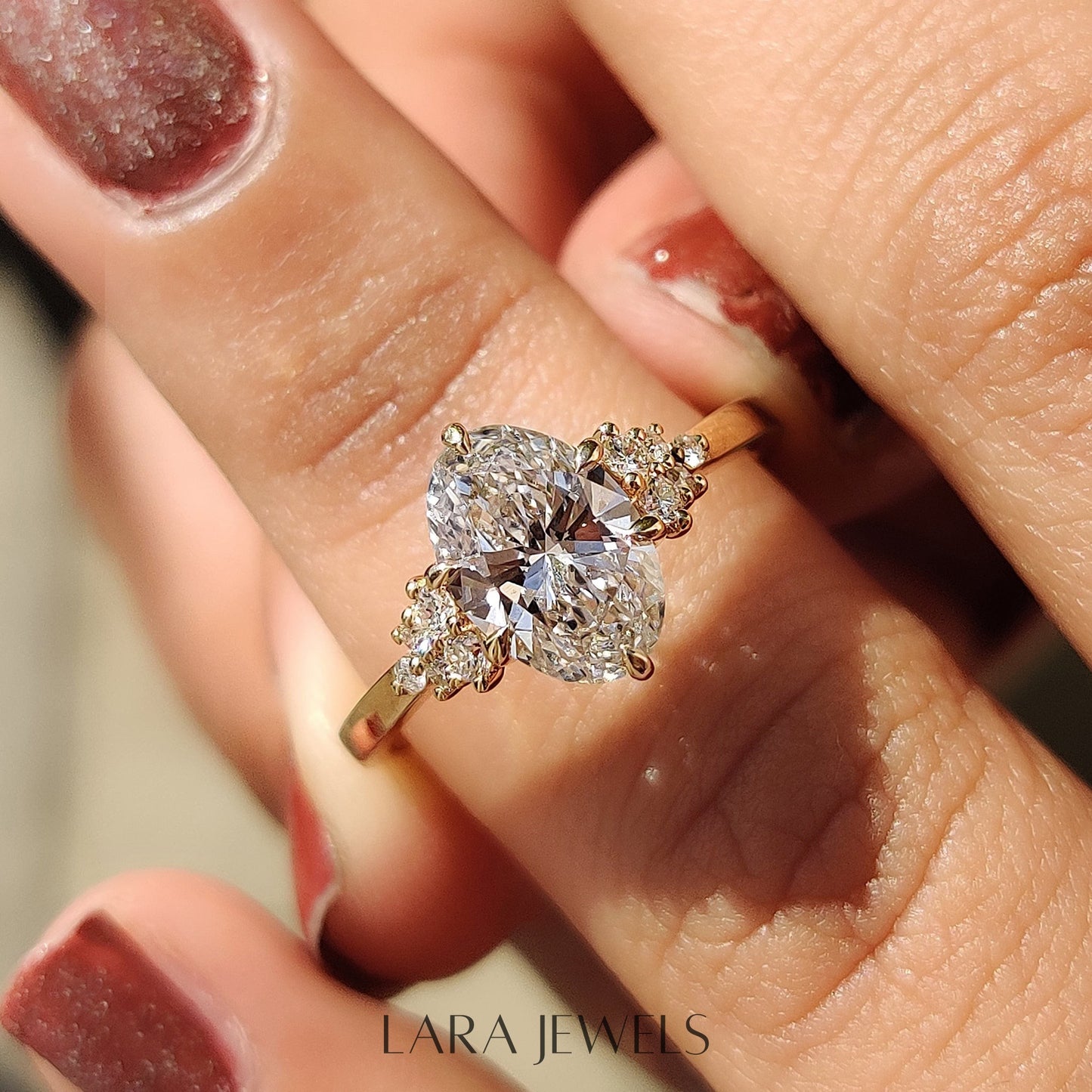 Lab grown oval engagement ring in Yellow Gold, available in Silver. IGI certified, ethically sourced, handcrafted at Lara Jewels.