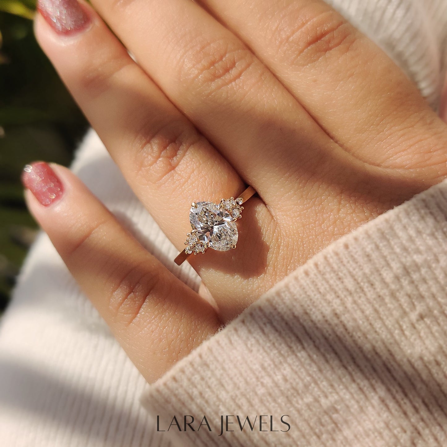 Lab grown oval engagement ring in Yellow Gold, available in Silver. IGI certified, ethically sourced, handcrafted at Lara Jewels.