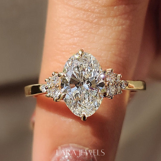 Lab grown oval engagement ring in Yellow Gold, available in Silver. IGI certified, ethically sourced, handcrafted at Lara Jewels.