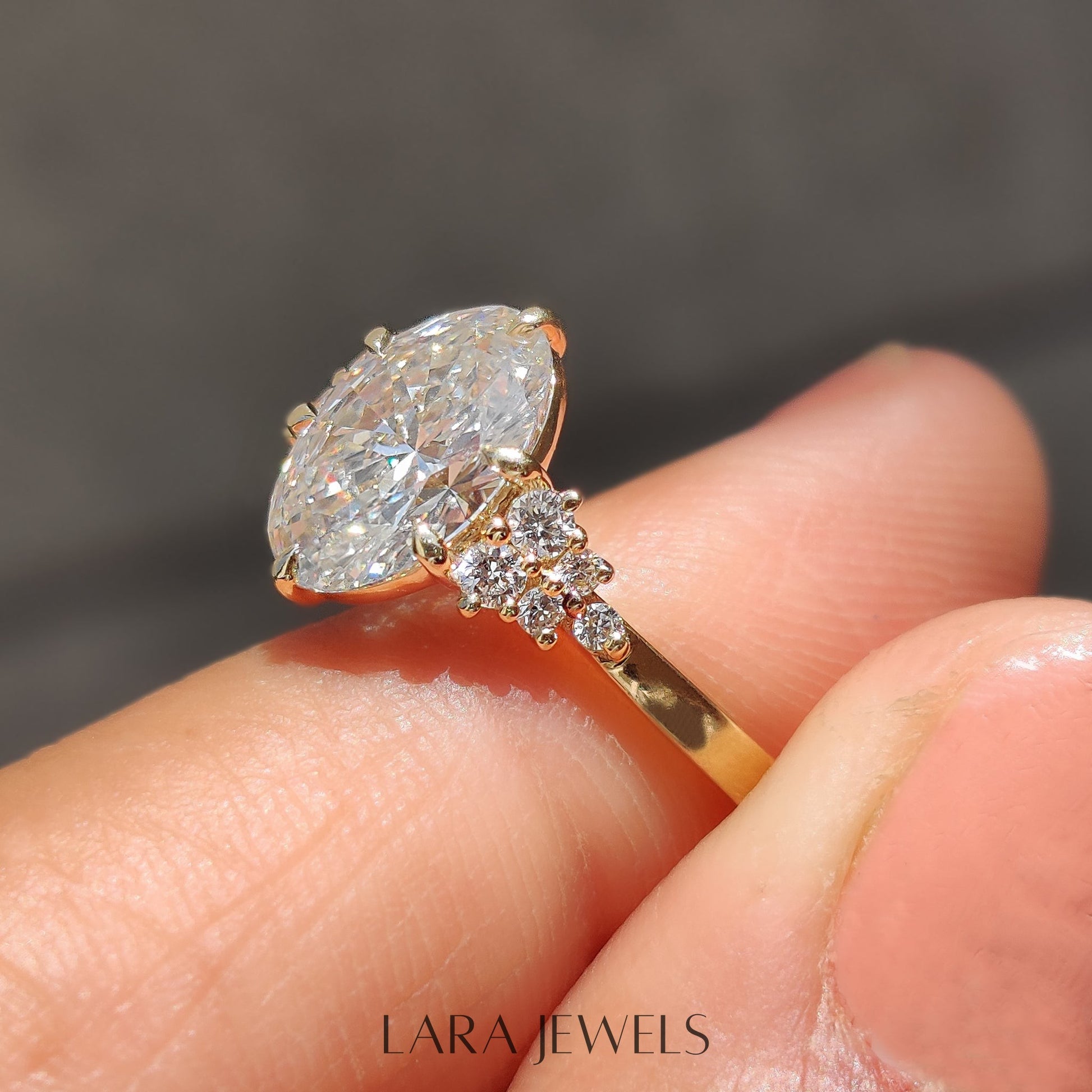 Lab grown oval engagement ring in Yellow Gold, available in Silver. IGI certified, ethically sourced, handcrafted at Lara Jewels.