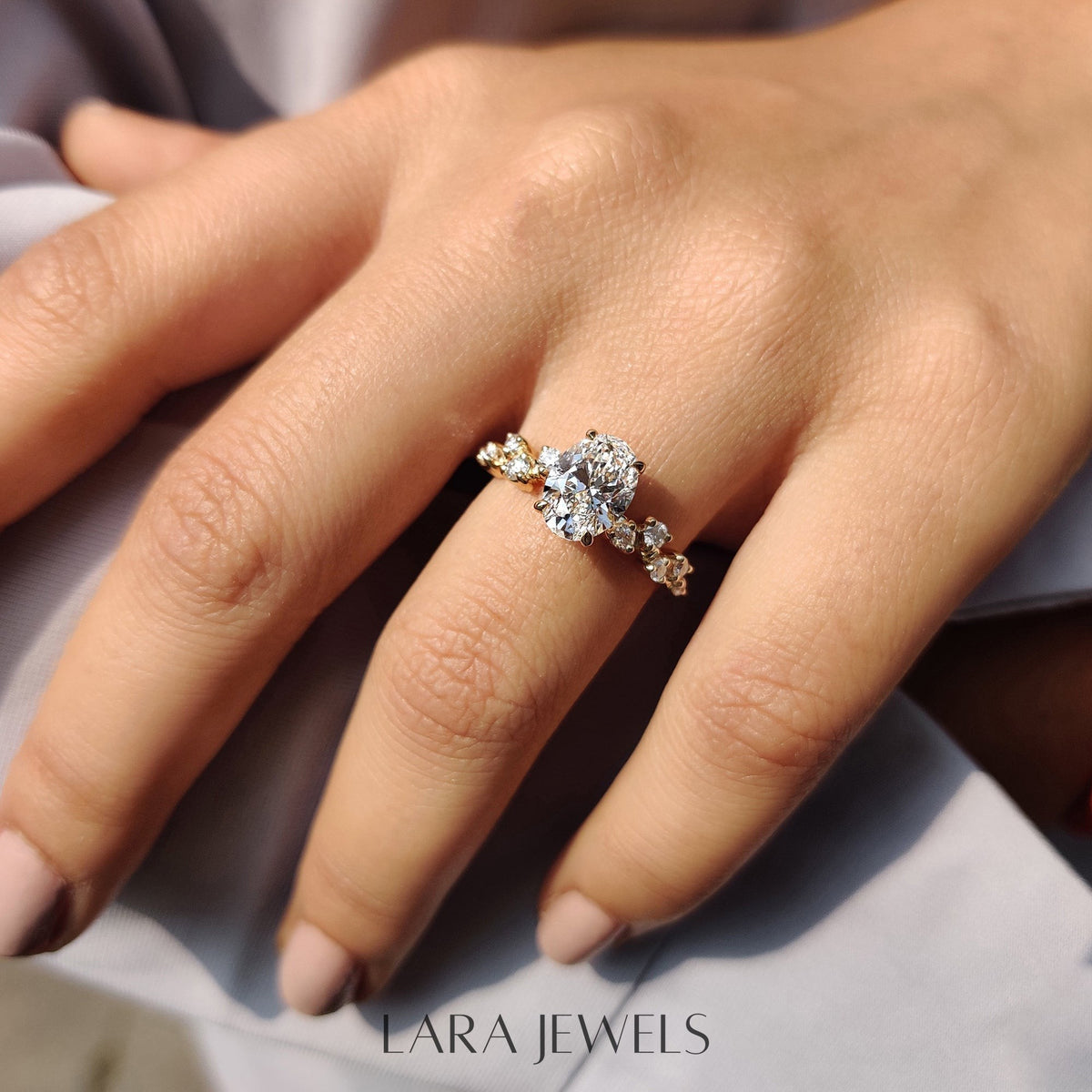 Lab grown oval engagement ring in Rose Gold, available in Silver. IGI certified, ethically sourced, handcrafted at Lara Jewels.
