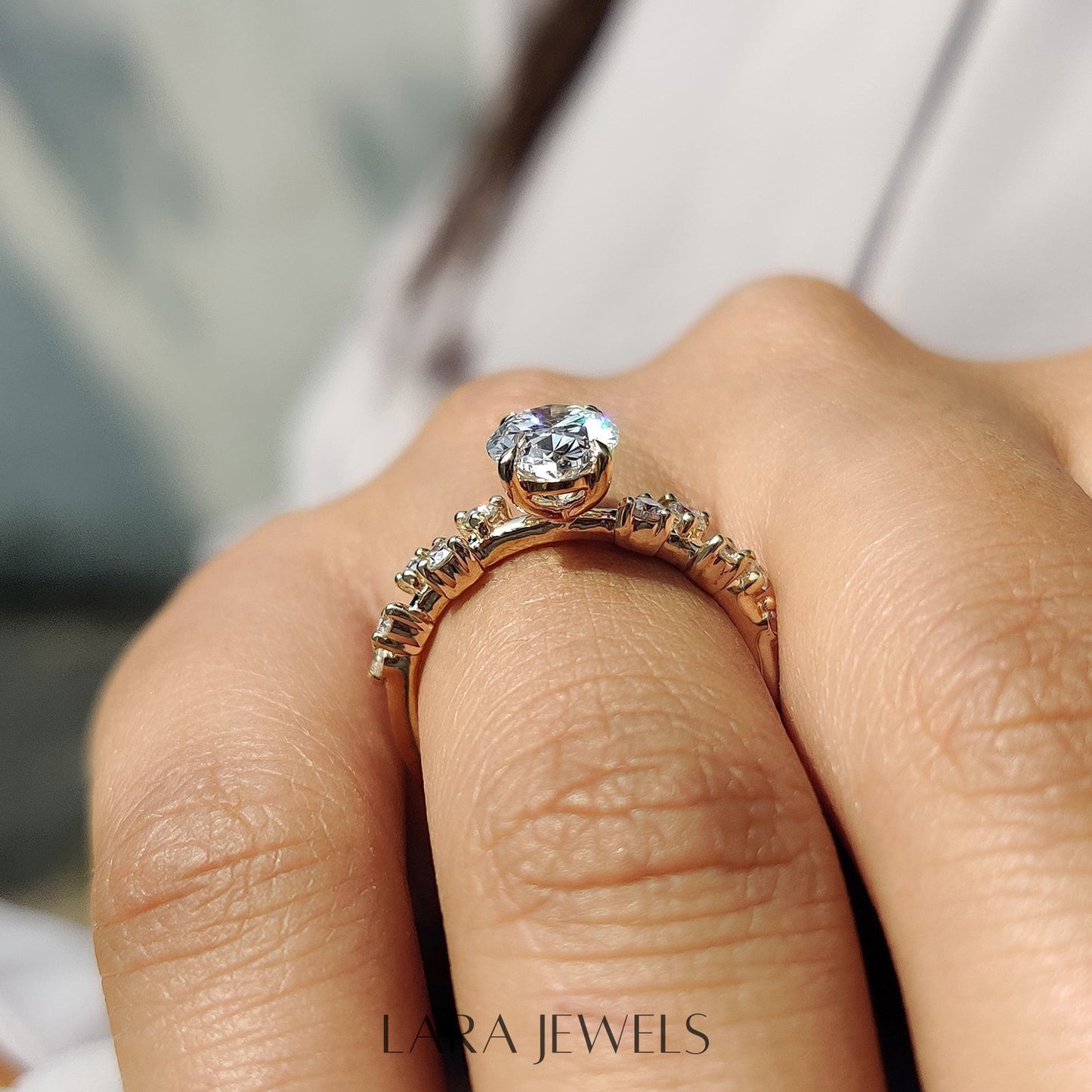 Lab grown oval engagement ring in Rose Gold, available in Silver. IGI certified, ethically sourced, handcrafted at Lara Jewels.