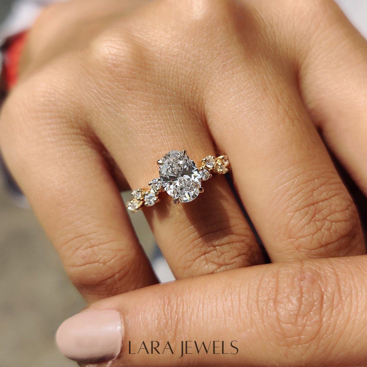 Lab grown oval engagement ring in Rose Gold, available in Silver. IGI certified, ethically sourced, handcrafted at Lara Jewels.