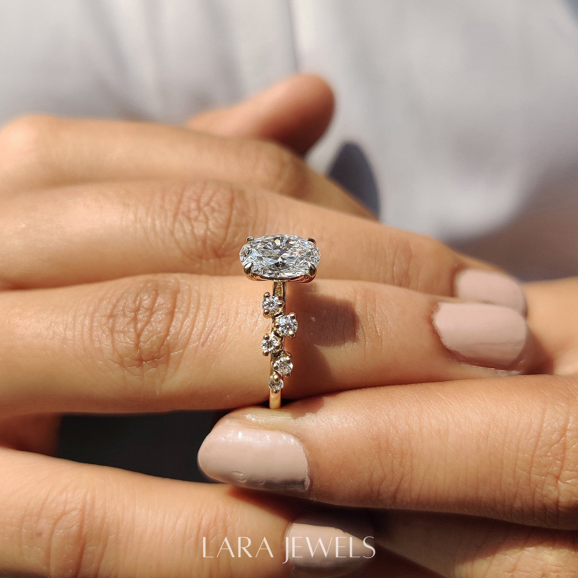 Lab grown oval engagement ring in Rose Gold, available in Silver. IGI certified, ethically sourced, handcrafted at Lara Jewels.
