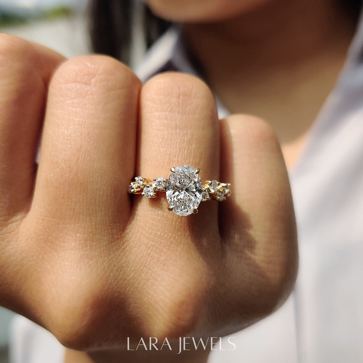 Lab grown oval engagement ring in Rose Gold, available in Silver. IGI certified, ethically sourced, handcrafted at Lara Jewels.