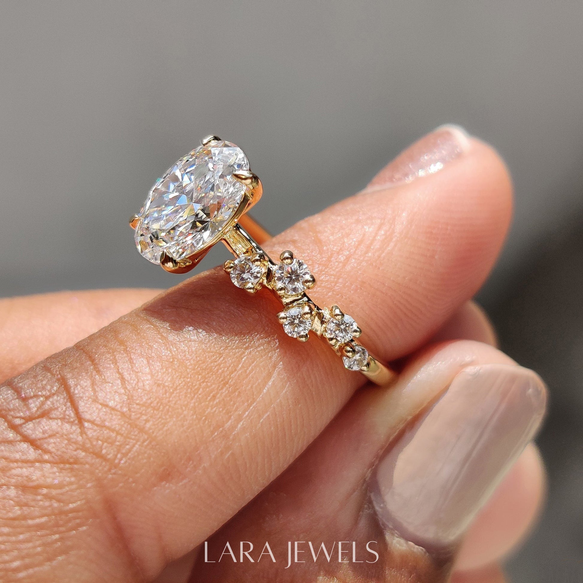 Lab grown oval engagement ring in Rose Gold, available in Silver. IGI certified, ethically sourced, handcrafted at Lara Jewels.