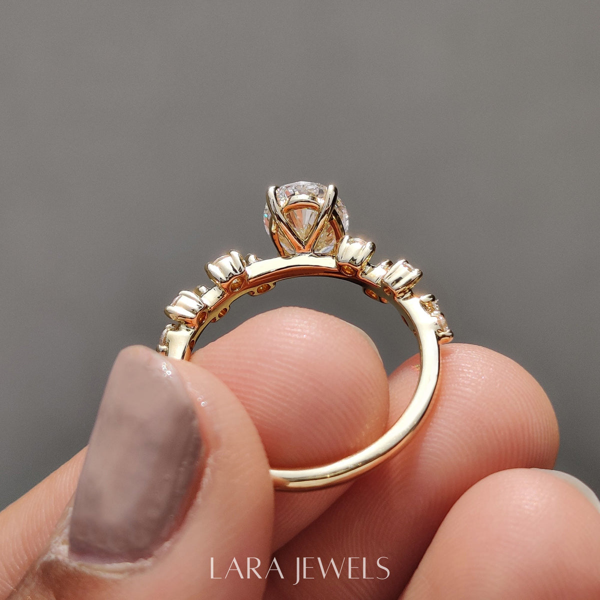 Lab grown oval engagement ring in Rose Gold, available in Silver. IGI certified, ethically sourced, handcrafted at Lara Jewels.