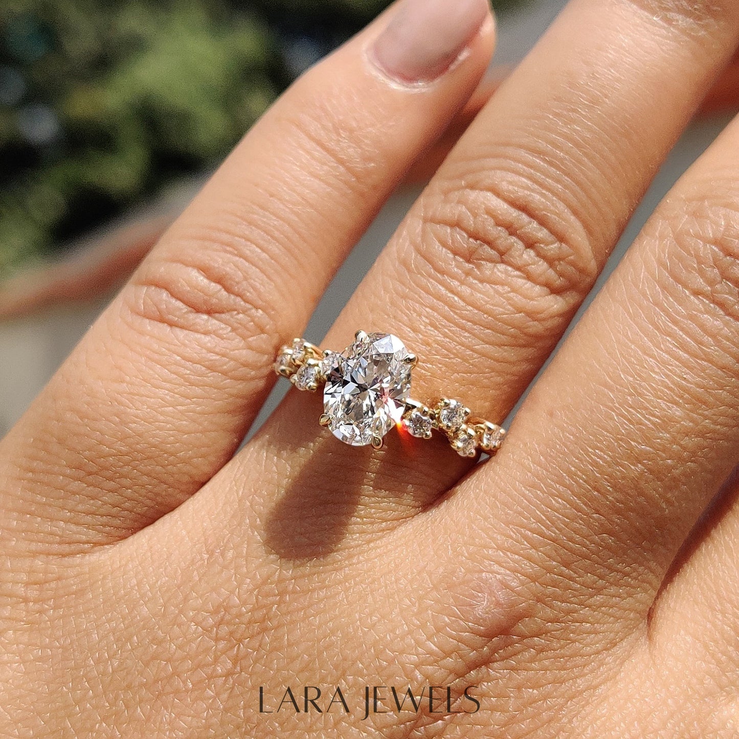Lab grown oval engagement ring in Rose Gold, available in Silver. IGI certified, ethically sourced, handcrafted at Lara Jewels.