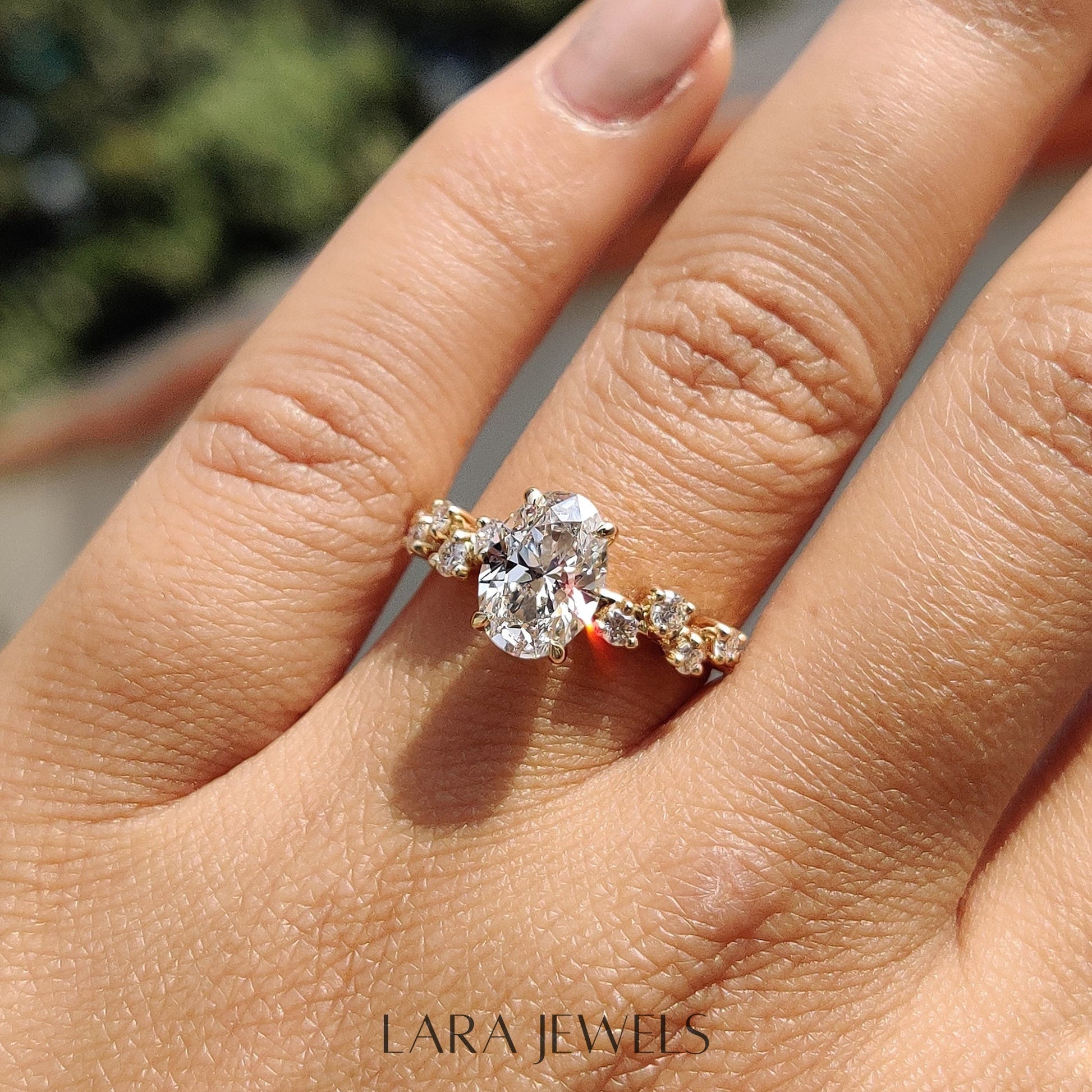 Lab grown oval engagement ring in Rose Gold, available in Silver. IGI certified, ethically sourced, handcrafted at Lara Jewels.